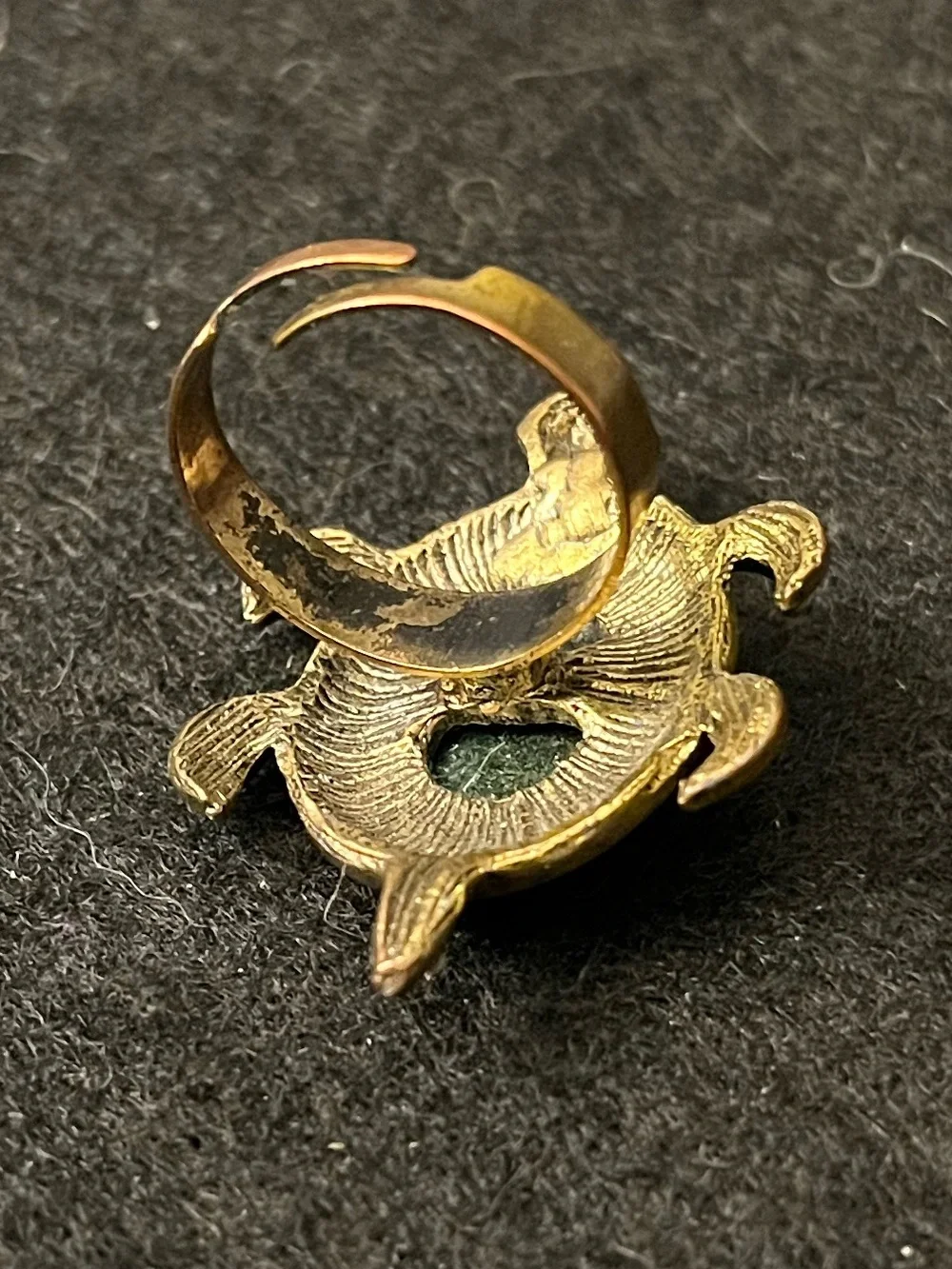 Vintage Turtle Ring with Green Faceted Stone and Antique Gold Finish Adjustable